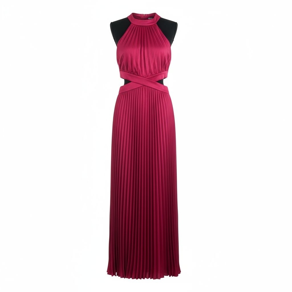 Pleated Halter Maxi Dress in Berry